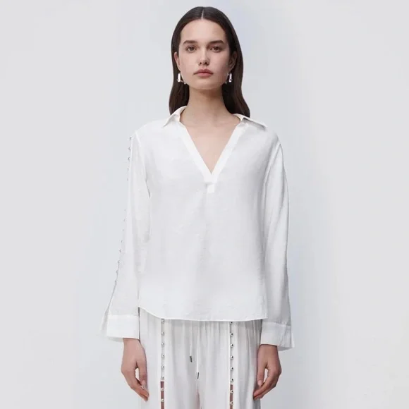 Jonathan Simkhai Stormy Beaded Ivory V-Neck Collar Long Sleeve Coverup Top NWT M - Picture 4 of 12